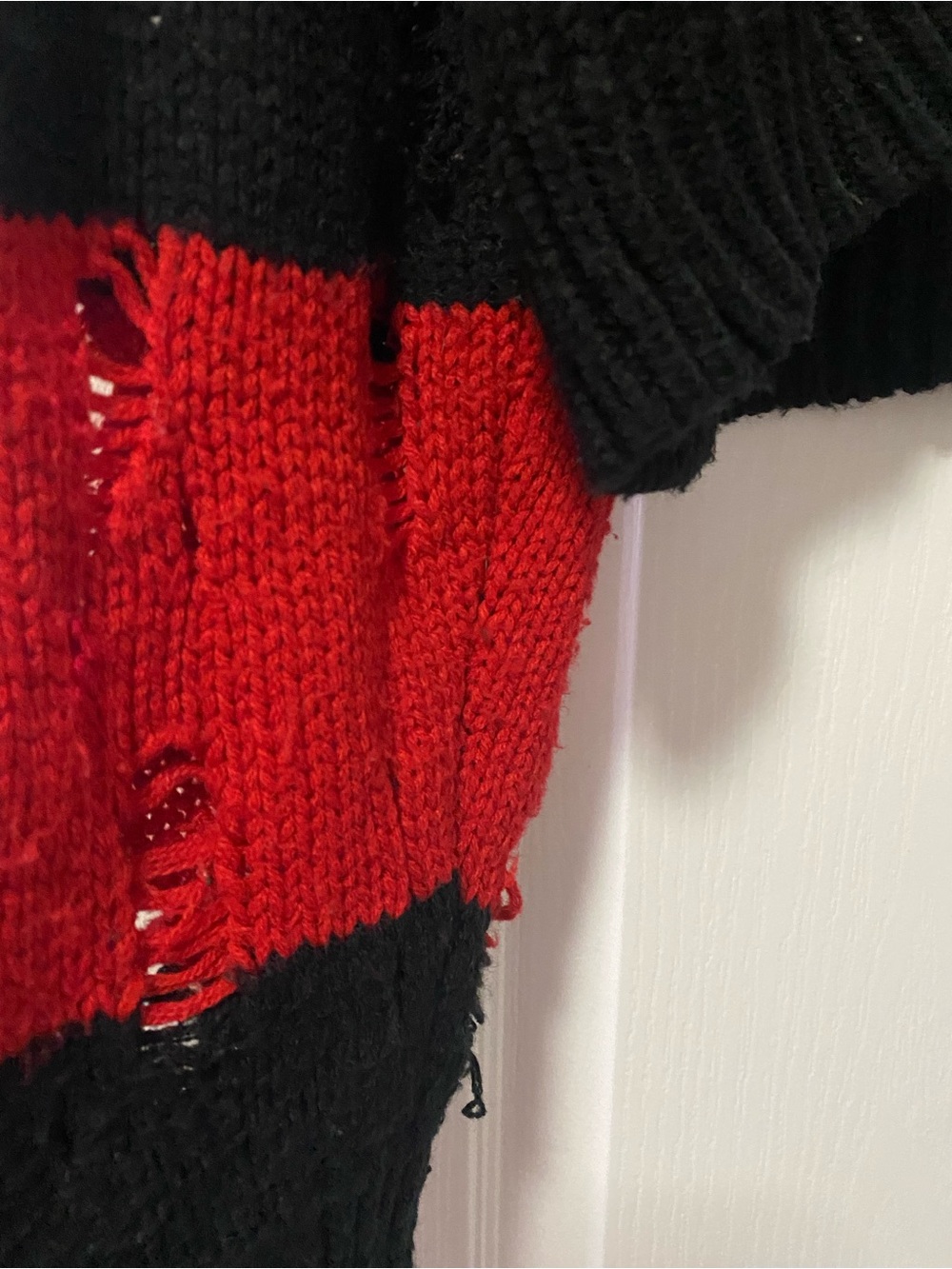 Goth Distressed Freddy Krueger Vibe Red & Black Striped Cropped Sweater - Picture 5 of 11